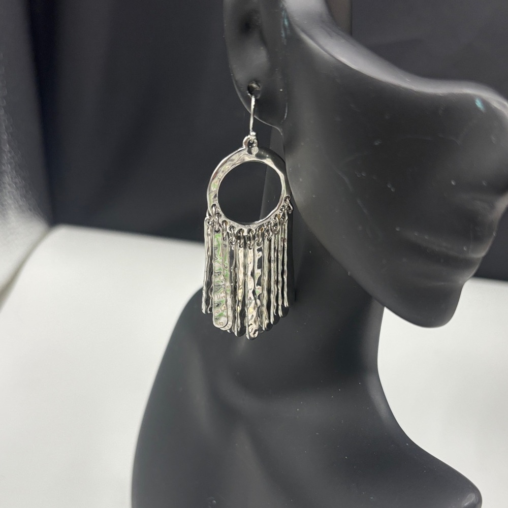 Hammered Silver Fringe Hoop Earrings - Women Jewelry